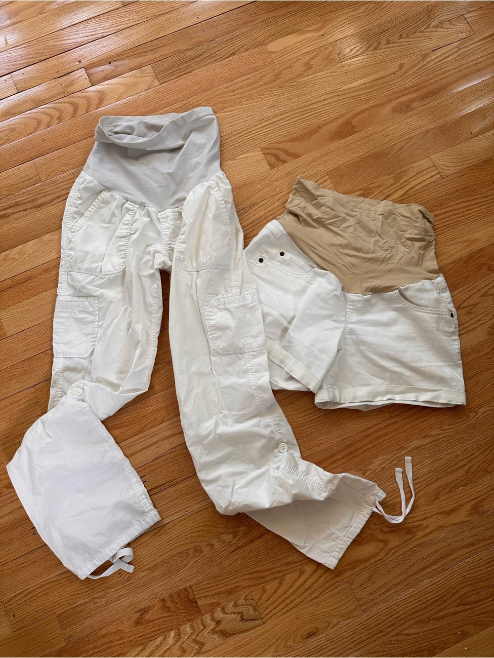 Two pack - White Maternity Cargo Pants and Shorts Set with over belly waistband